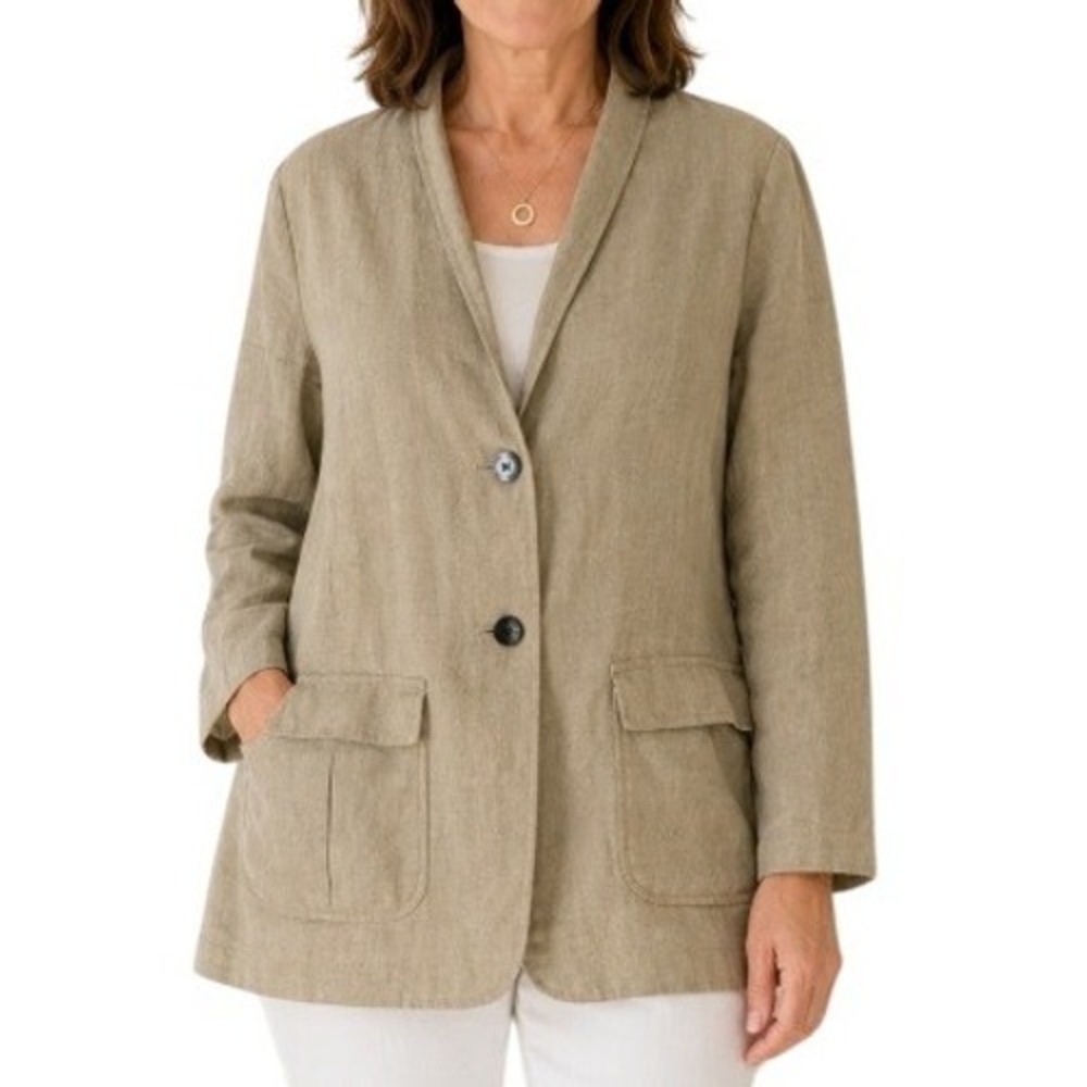 Coldwater Creek Classic 100% Linen Blazer Womens L‎ Tan Structured Jacket Preppy